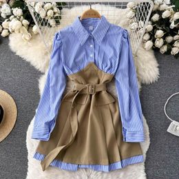 Casual Dresses Amolapha Women Work Wear OL Outfits Blue And Khaki Patchwork Long Sleeve Blouse Dress