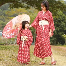 Ethnic Clothing Red Print Japanese Kimono Mother&Daughter Cardigan Traditional Yukata Sexy V-neck Daily Wear Outerwear