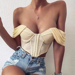 Women's Blouses Boning Corset Tops Women Sexy Off Shoulder Push Up Padded Summer Beige Single-breasted Mesh Blusas Pink Bustier