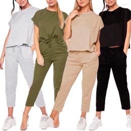 Women's Tracksuits Summer Women Elegant Short Sleeve Pants Sets Female Casual Outfits Jogger Two Piece Set Korean Sports Suit Solid Colour