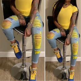 Women's Jeans Ripped High Waist Hole Women Trousers Club Outfits 2023 Street Trendy Feet Pants Light-colored Sexy Hollow Out Denim PantWomen