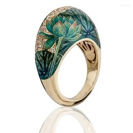 Wedding Rings Trendy Lotus Leaves Flower Opal Stone Ring White Crystal Hand Painted Statement For Women Fashion Boho Jewellery Gifts