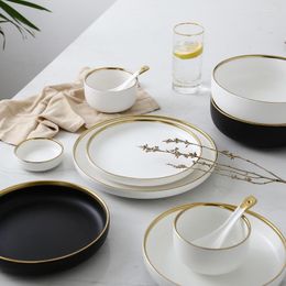 Plates White And Black Round Gold Stroke Ceramic Dinner Plate Set Porcelain Steak Tableware Rice Soup Bowl Spoon Dish Home Decoration