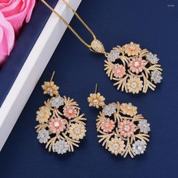 Necklace Earrings Set Fashion Women Flower Shape Full Cubic Zirconia Inlaid Pendant Dangle For Bridal