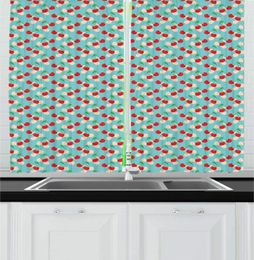 Curtain Vermilion Pale Blue Peach Cherry Kitchen Curtains Repetitive Fruit Art Theme Pattern Tasty Delicious Summer Food Design Window