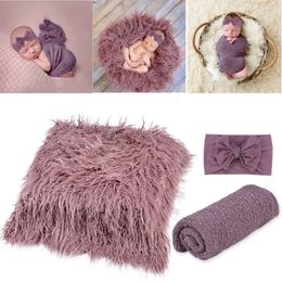 Keepsakes 3pcs/set born Baby Pography Props Kits Fake Fur Blanket Mats Cotton Stretch Wrap with Knotted Headband for Infants Toddler 230114