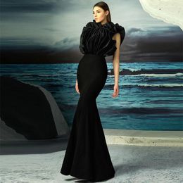 Party Dresses Black Unique Design Elegant Mermaid Evening Handmade Ruffles Women Long Formal Occasion Prom Pageant Gowns Custom Made