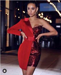 Party Dresses High Quality Red Silver Night One Sleeved Glitter Sequin Crepe Tuxedo Blazer Dress Girl Fashion Gown WearParty