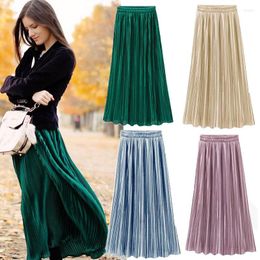 Skirts Spring Summer Fshion Pleated Skirt Women's Vintage High Waist Solid Long Fashion Metallic Female