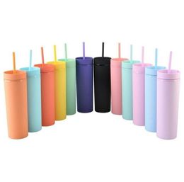UPS 17 Pastel Colours 16oz Matte Acrylic Skinny Tumblers with Lid Straw Double Wall Insulated Slim Water Bottles DIY Reusable Plastic Cups Macron Coffee Mugs