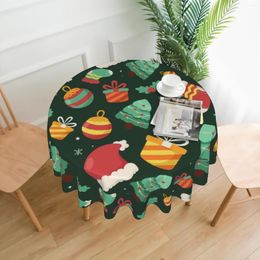 Table Cloth Christmas Hat And Pine Trees Round Tablecloth Waterproof Pattern With Holiday Gifts Cover Washable Dining Decora