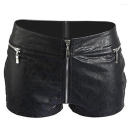 Women's Shorts Sexy Faux Leather Boxer Low Rise Waist Micro MINI With Zippered Open Crotch Dancing Night Culb Wear