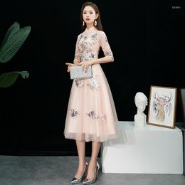 Ethnic Clothing Sexy Lace Half Sleeves Standing Collar Improved Cheongsam Appliques Embroidery Chinese Evening Dress Vestidos Size S-xxl