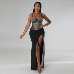 Casual Dresses 2023 Autumn High-end Patchwork Lace Diamonds Sexy Club Sweet Halter Off Shoulder Backless High Waist Women Long Spit Dress