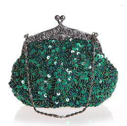 Evening Bags Green Chinese Women's Beaded Sequined Wedding Bag Clutch Handbag Bride Party Purse Makeup 03162-N