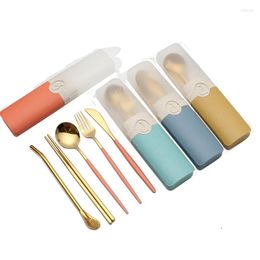 Flatware Sets Portable Reusable Dinner Set Spoon Fork Travel Picnic Chopsticks Stainless Steel Straw Tableware Cutlery With Carrying Box