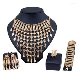 Necklace Earrings Set Luxury Dubai Jewellery Metal Tassels Pendant For Women Gold Colour Long Strip Ring Bracelet