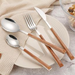 Dinnerware Sets 4Pcs 304 Stainless Steel Glossy Silver Wooden Tableware Western Knife Fork Teaspoon Cutleries