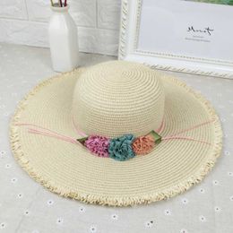 Wide Brim Hats 2023 Summer Women's Sun Hat Bucket Cap Beige Lace Bowknot Flowers Ribbon Straw Beach Caps Panama Sombreros De Playa