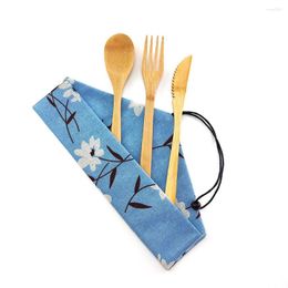 Dinnerware Sets Natural Bamboo Utensils Travel Cutlery Set Eco-Friendly Wooden Outdoor Portable Reusable Zero Waste