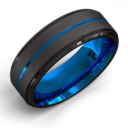 Wedding Rings 8mm Fashion Men's Black Brushed Ladder Edge Stainless Steel Ring Color Blue Groove Gifts Size 6-13