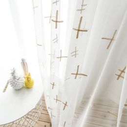 Curtain Coffee Cross Embroidered Sheer For Living Room Bedroom Simple Modern Organza Fabric Bay Window Drapes JS214C
