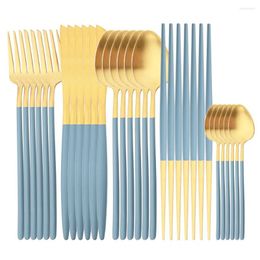 Dinnerware Sets 6/30Pcs Blue Gold Matte Stainless Steel Knife Fork Spoon Tableware Cutlery Set Kitchen Flatware Service For 6