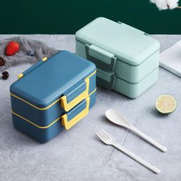 Dinnerware Sets Microwavable School Bento Box 2 Layer Plastic Lunch With Spoon And Fork