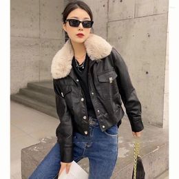 Women's Leather Style Large Wool Collar Cotton Clip Short Jacket Autumn And Winter Thin Women