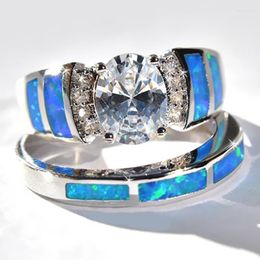 Wedding Rings 2pcs/set Classics Crystal Set For Couple Lady Engagement Jewellery Accessories Silver Plated Enamel Zircon