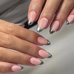 False Nails 24Pcs Silver French Almond Detachable Acrylic Fake Full Cover Press On With Jelly Stickers Nail Art Tips