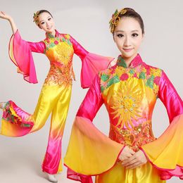 Stage Wear Traditional Chinese Clothing Women Ancient Yangko Folk Dance Fan Yellow Costume Costumes Woman Yangge Dancing Dances Clothes