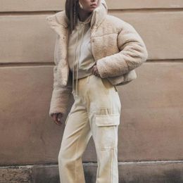 Women's Trench Coats Winter Women's Beige High Collar Long Sleeve Zip Short Cotton Jacket Fashion Warm Street Style