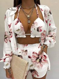Women's Tracksuits Summer Floral Print Three Piece Sets Casual Women Elegent Female Outfits 2023 Long Sleeve Shirts And Wide Leg Shorts