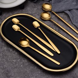 Dinnerware Sets Coffee Stirring Western Round Head Spoon Golden Stainless Steel Dessert Long Handle Square Ice Kitchen Bar Supplies