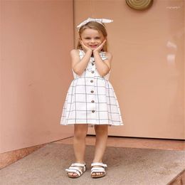 Girl Dresses Baby Dress Toddler Kids Girls Party Sleeveless Plaid Formal Headband Set Cotton Button Bow Pleated A Line 2023