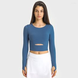Active Shirts Solid Colour Women Long Sleeve Yoga Shirt Tight Top Crop Stretch Sport Hollow Out Fitness Soft With Chest Pad T-shirt Thumb