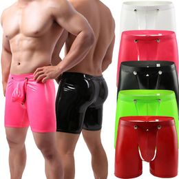 Underpants Mens Underwear Boxers Briefs Open Crotch PU Leather Lingerie U Convex Pouch Black Patent Shorts