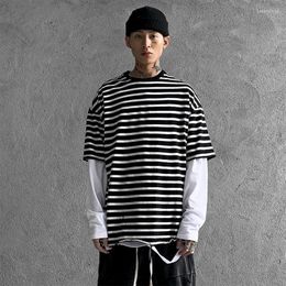 Men's T Shirts Harajuku Hip-hop Streetwear Tops Short Sleeve Shirt Men Clothes Tshirt Loose Underswing Hole Stripes T-shirt 2023 Arrivals