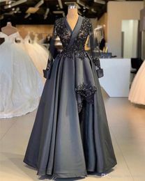Ciemnoszara koronkowa aplikacja A-line wieczorowa suknia wieczorowa Vintage długie rękawy Satyna formalna suknia wieczorowa Arabska Plus Size Pageant Sukienka BC2929