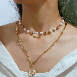 Pendant Necklaces Irregular Head Pearl Multi-layer Necklace Clasp Gold Mixed Linked Circle Minimalist Choker Necklack