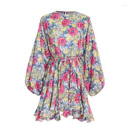 Skirts Floral Dress 2023 Summer Fashion Round Neck Long Sleeve Print Contrast Colour Lace-up Short Skirt Women