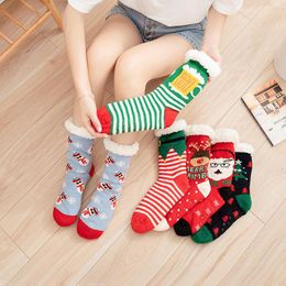 Women Socks Unisex Thickened Floor Room Autumn Winter Cartoon Santa Claus Snowman Tree Pattern Berber Fleece Indoor Non-slip