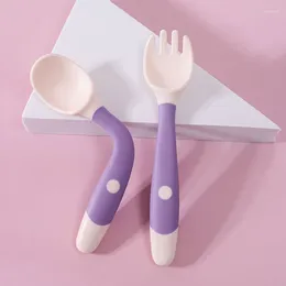 Dinnerware Sets 2Pcs/Set Baby Silicone Spoon Utensils Set Auxiliary Toddler Learn Eat Training Bendable Soft Fork Infant Children