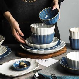 Plates Japanese Ceramic White/Blue Glaze Dinner Steak Plate Serving Dishes Rice Noodle Bowl Sauce Dish Microwave Safe Retro Dinnerware