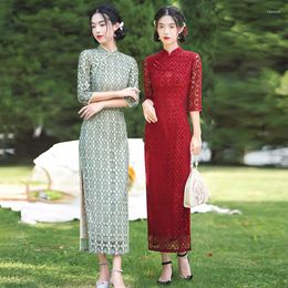 Ethnic Clothing Sheng Coco Flocking Stitching Lace Long Oriental Style Dresses Sleeve Improved Young Girl Modern Chinese Qipao Dress