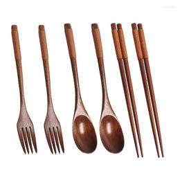 Dinnerware Sets Wooden Flatware Set Eco Friendly Portable Spoon Fork Chopsticks Tableware With Khaki Twining Thread