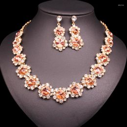 Necklace Earrings Set Elegant Crystal Chain Dubai Gold Color Plated Sets Earring Fashion Jewelery Gifts For Women Party