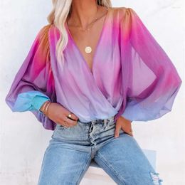 Women's Blouses Gradient Chiffon Blouse Women 2023 Spring Summer Sexy Deep V-Neck Batwing Sleeve Baggy Shirt Woman Fashion Sheer Long Top