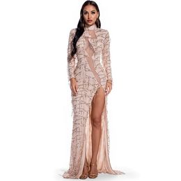 Casual Dresses Sexy Tassel Sequined Maxi Dress Women Fashion Mesh Patchwork O Neck Long Sleeve High Split Elegant Party